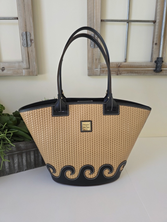 Dooney & Bourke Handbags - Dooney & Bourke Black Trim Tan Woven Tote Bag